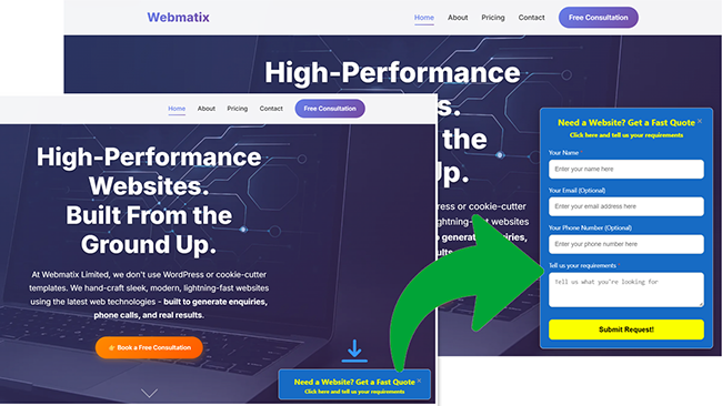 Leadmatix popup example showing slide-up call-to-action